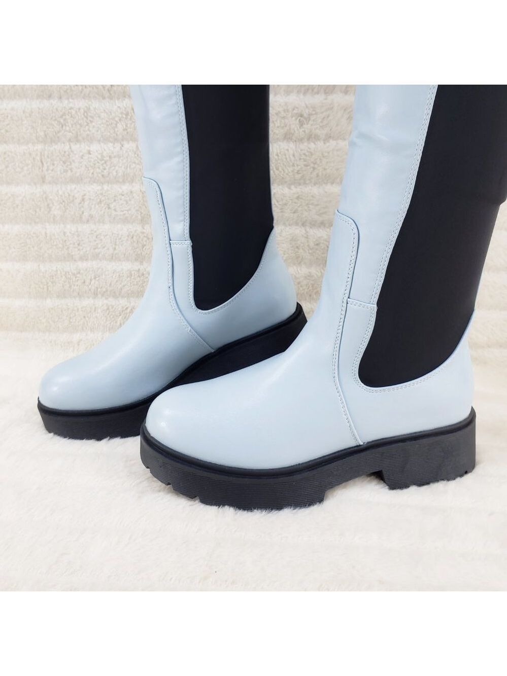 Techno Baby Blue Lycra Stretch Lug Sole Thigh High Combat Rider Brand New - Picture 9 of 16
